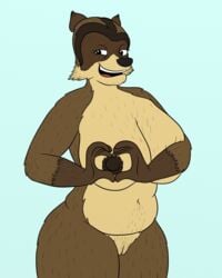 anthro anthrofied belly big_breasts breasts brown_fur dreamworks female fur heart mammal nipples over_the_hedge oystercatcher7 paramount_pictures pussy raccoon rj_(over_the_hedge) rule_63 smile solo voluptuous