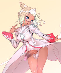 10s 1futa animal_ears blonde_hair blue_eyes breasts cat_ears final_fantasy final_fantasy_xiv futa_only futanari glasses intersex looking_at_viewer miqo'te panties penis smile solo solo_futa staff testicles tomoyuki_kotani uncensored white_mage white_panties