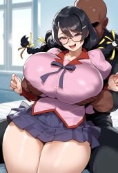 ai_generated bakemonogatari bed bedroom bent_over big_breasts black_hair braided_twintails cleavage covered_nipples erect_nipples erect_nipples_under_clothes faceless_male glasses grabbing_breasts grabbing_from_behind half-closed_eyes hanekawa_tsubasa huge_breasts large_breasts leaning_forward looking_at_viewer monogatari_(series) nipple_bulge nipples nude_male_clothed_female school_uniform seductive_look seductive_smile tharkica twin_braids twintails