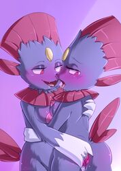 2017 2girls ass blush breasts claws duo female fingering fur furry kissing lesbian mammal nintendo nude open_mouth pokemon pussy pussy_juice red_eyes saliva saliva_string simple_background smile tongue tongue_out video_games weavile yuri zucchininutbread