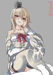 bare_shoulders black_eyes blonde_hair bow braid breasts cleavage corset crown cum cum_on_body cum_on_lower_body cum_string dress ebifurya female flower french_braid grey_background grey_legwear hair_between_eyes hairband hand_on_own_face hand_up highres kantai_collection long_hair long_sleeves looking_at_viewer medium_breasts mini_crown no_shoes off-shoulder_dress off_shoulder open_mouth penis red_bow red_ribbon red_rose ribbon rose simple_background sitting soles solo thighhighs twitter_username warspite_(kantai_collection) white_dress zettai_ryouiki