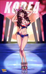 asian big_breasts blizzard_entertainment breasts brown_hair cleavage d.va faymantra female female_only flag_bikini high_heels korean large_breasts long_hair looking_at_viewer national_personification open_toe_shoes overwatch solo south_korea south_korean_flag text