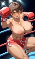 1girls abs ai_generated boxing_gloves boxing_ring boxing_trunks brown_hair huge_breasts kosine1777 kosineverse muscular_female original original_character reiko_(kosine1777) short_hair sweat sweaty sweaty_body tan_body tomboy toned toned_abs toned_female topless topless_boxing trunks