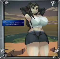 1girls armpits arms_up big_breasts black_hair breasts busty captain_kirb clothing female female_only final_fantasy final_fantasy_vii hands_behind_head huge_breasts large_breasts looking_at_viewer low_poly low_poly_tifa masturbation png polygon polygonal red_eyes retro_artstyle solo talking_to_viewer text text_box thick_thighs tifa_lockhart wide_hips