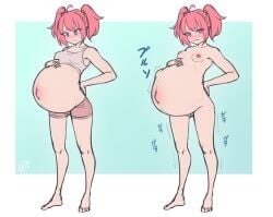 1girls big_belly female fetal_movement naked pregnant ready_to_pop scared_expression small_breasts spellsx