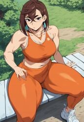 ai_generated anime ayase_momo brown_hair civitai clothing dandadan earings exposed_midriff fit_female fitness hourglass_figure huge_breasts orange outside running_shoes shorts sitting staring_at_penis sweat sweating tank_top thick_thighs