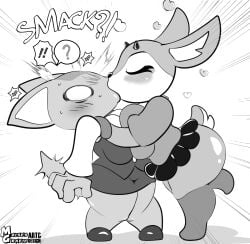 2girls aggressive_retsuko aggretsuko anthro anthro_on_anthro assertive_female big_ass big_breasts big_butt blush breast_press breasts breasts_to breasts_touching busty closed_eyes curvy female_only fenneko forced_kiss french_kissing furry furry_female furry_only kissing moisesgrafic monochrome surprise_kiss surprised_expression thighs tongue_kiss tsunoda yuri