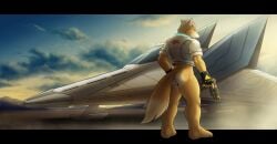 anthro arwing ass bottomless canid canine casual_exposure clothed clothing corrsk digital_media_(artwork) fox fox_mccloud fur gun handgun hi_res holding_gun holding_object holding_ranged_weapon holding_weapon looking_at_viewer looking_back male male_only mammal nintendo paws ranged_weapon solo solo_male star_fox tail topwear weapon