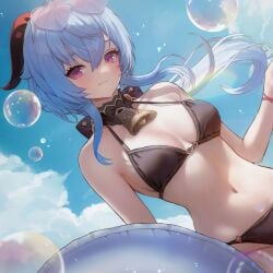 big_breasts blue_hair ganyu_(genshin_impact) genshin_impact horns huge_breasts long_hair pink_eyes ponytail purple_eyes seaside smile sunglasses swimsuit thighs