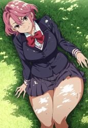 ai_generated big_breasts civitai clothed_female dandadan dumptruck_ass dumptruck_butt earings fingerless_gloves hips_wider_than_shoulders huge_breasts laying_down outdoors pink_hair school_uniform schoolgirl shiratori_aira_(dandadan) shoes slim_waist solo_female summer thick_thighs thighhighs thunderthighs wet