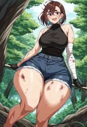 ai_generated anime ayase_momo bandage brown_hair bruised civet civitai dandadan earings gloves hotpants hourglass_figure looking_at_viewer mini_giantess outdoors outside slim_waist smiling tank_top thick_thighs thunder_thighs wounded