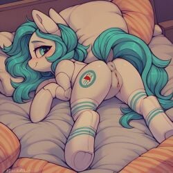 1girls ai_generated anus ass bed blush female female_only friendship_is_magic furry gynoid hasbro looking_back my_little_pony pony pussy robot robot_joints scalieton self_upload shy stockings striped_legwear