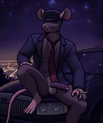 abs absurd_res animal_humanoid anthro black_cap black_car black_clothing black_jacket black_topwear bottomless bottomless_anthro bottomless_male buckteeth car chauffeur cigarette cigarette_holder city city_background city_skyline cityscape clothed clothing genitals half-erect hand_on_knee hand_on_leg hat headgear headwear hi_res holding_cigarette holding_object humanoid jacket leaning leaning_forward leaning_on_self male mammal mammal_humanoid muscular necktie night open_clothing open_jacket open_topwear partially_clothed penis plant raised_leg red_necktie rodent rodent_humanoid shrub sigma_x sitting sitting_on_car sky solo star starry_sky teeth topwear uniform uniformed_male vehicle whiskers