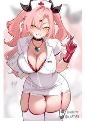 1girls background blush collared_dress green_eyes heart_necklace large_breasts looking_at_viewer nail_polish necklace nicole_demara nurse nurse_uniform pink_hair smile smiling_at_viewer solo solo_focus thick twintails watermark zasshu zenless_zone_zero