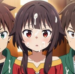 1girls 2boys ai_generated brown_hair clothed cum cum_on_face cum_on_hair cute cute_face female kono_subarashii_sekai_ni_shukufuku_wo! megumin morindar open_eyes open_mouth red_eyes satou_kazuma