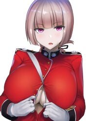 1girls big_breasts blunt_bangs blush breasts fate/grand_order fate_(series) female female_focus florence_nightingale_(fate) gloves large_breasts long_hair long_sleeves looking_at_viewer military military_uniform mu-nyako muunyan_(yumenekoya) paizuri_invitation parted_lips pink_eyes pink_hair solo upper_body white_gloves