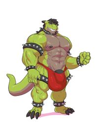 1boy anthro boosterpang clothing collar draggor huge_bulge looking_at_viewer male male_only muscular muscular_male nipple_piercing nipples penis piercing scalie smile solo spiked_collar spikes standing underwear