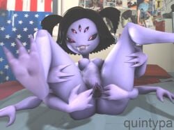 1girls 3d 3d_(artwork) 3d_model 3d_render 6_hands ass autor:quintypa black_eyes black_hair breasts fangs feet female horny_face legs_open legs_spread legs_up looking_at_viewer muffet muffet_(wo262) naked purple_body pussy_open pussy_shot quintypa red_eyes sfm smug_face spider teeth