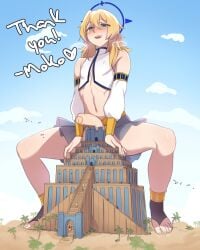 1boy big_penis blonde_hair blue_eyes clothing femboy giant giant_femboy giant_male leo_(ban_hammer) light-skinned_male light_skin macro male_focus mokotoko9 penis semi-erect trap uncut