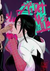 black_hair blowjob cosplay gh0stmaker47 glasses marvel mitakize roleplay spider-gwen_(cosplay) venomized