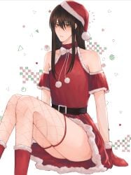 androgynous black_hair blush brown_eyes christmas christmas_outfit crossdressing dress femboy fishnet_stockings fishnet_thighhighs fishnets fully_clothed fur_trim gintama gloves katsura_kotarou long_hair long_hair_male looking_at_viewer male male_only santa_hat sitting solo thighhighs wwalanx yellow_eyes