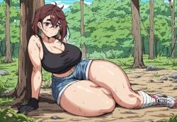 ai_generated anime ayase_momo bandage brown_hair bruised civitai clothed clothed_female dandadan earings forest gloves hotpants hourglass_figure huge_breasts looking_at_viewer looking_back mini_giantess outdoors outside slim_waist smiling sweat sweating tank_top thick_thighs thunder_thighs wounded