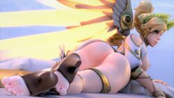 3d absurdres alternate_costume arhoangel ass blender blonde_hair blue_eyes dat_ass feet female female_only highres mercy overwatch solo toes winged_victory_mercy wings