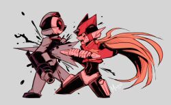 1boy armor blonde_hair blood blood_on_weapon blood_splatter energy_sword fighting forehead_jewel helmet holding holding_weapon long_hair male_focus mega_man_(series) mega_man_zero_(series) milaisadoodles pantheon_(mega_man) red_armor red_helmet sword weapon z_saber zero_(mega_man)