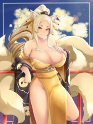 1girls animal_ears animal_tail arm_support bare_shoulders big_breasts blonde_hair breasts cleavage clothed clothing cloud female female_focus female_only fluffy fluffy_tail fox_ears fox_girl fox_tail hair_ornament hand_on_breast hand_on_own_breast high_school_dxd kimono kitsunemimi large_breasts long_hair looking_at_viewer mature mature_female milf n0ir nine_tailed_fox noir_(4chan) open_mouth solo solo_female solo_focus tail very_long_hair yasaka_(high_school_dxd) yellow_eyes