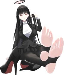 barefoot black_hair black_heels black_skirt blazer blue_archive crossed_feet feet huge_breasts long_hair looking_away pleated_skirt presenting_feet red_eyes rio_(blue_archive) slender_waist soles stirrup_legwear toes unworn_shoes white_sweater wide_hips