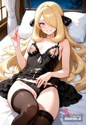 1girl after_sex ai_assisted ai_generated bare_shoulders bedroom black_lingerie black_stockings blonde_hair condom cum_covered cum_on_body cum_on_clothes cum_on_face filled_condom grey_eyes hair_ornament hair_over_one_eye highres holding_used_condom laying_on_back laying_on_bed messy_hair night nipples on_back panties_aside pleasure shocked_eyes small_breasts thick_cum tiny_tits very_long_hair white_curtains