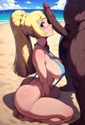 ai_generated ass barely_clothed beach big_ass big_breasts big_penis big_thighs bikini blonde_female blonde_hair blue_eyes breasts butt_crack cleavage cleavage_overflow curvy curvy_body curvy_female curvy_figure dark-skinned_male dark_skin female female_focus imminent_fellatio imminent_oral interracial light-skinned_female light_skin lillie_(pokemon) lips on_knees one-piece_swimsuit pokemon pokemon_trainer pose public public_sex rokten_art round_ass sexy_pose skimpy skimpy_bikini skimpy_outfit sling_bikini slingshot_swimsuit slutty_clothing slutty_outfit slutty_pose slutty_teenager string_bikini string_panties submissive submissive_female swimwear thick_thighs thong_bikini