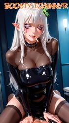 ai_generated big_breasts choker cigarette cowgirl_position echidna_(re:zero) elf_ears heart-shaped_pupils latex_suit nnnyr running_makeup runny_makeup sex sitting_on_person smile smiling smoking stable_diffusion stockings white_hair white_skin