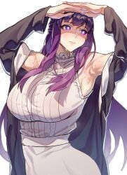 1girls armpits arms_up bare_shoulders big_breasts blunt_bangs breasts celyn404 commission dress female fern_(sousou_no_frieren) highres large_breasts long_hair looking_to_the_side off_shoulder purple_eyes purple_hair robe simple_background solo sousou_no_frieren sweat sweatdrop upper_body white_background