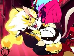 bbw big_breasts breasts cleavage edit female furry helluva_boss huge_breasts mad_n_evil overweight queen_bee-lzebub_(helluva_boss) screenshot_edit thick_thighs wide_hips