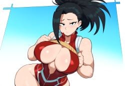 1girls ai_generated big_breasts black_hair boku_no_hero_academia cleavage female huge_breasts large_breasts leotard momo_yaoyorozu mullon my_hero_academia novelai ponytail solo superheroine top_heavy