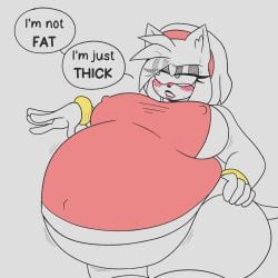 amy_rose annoyed annoyed_expression belly_button belly_hang belly_overhang big_belly big_breasts big_hips embarrassed embarrassed_female fat_female fat_fetish female_only greyscale huge_belly huge_breasts mobian_(species) mobian_hedgehog nipples_visible_through_clothing sonic_(series) sonic_the_hedgehog_(series) text text_bubble