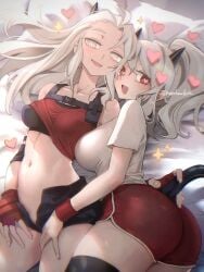 2girls :d absurdres ass bare_shoulders black_horns black_thighhighs blush breasts clothes_lift collarbone cowboy_shot crop_top demon_girl demon_horns demon_tail fingerless_gloves gloves grey_hair grey_shirt heart heart-shaped_pupils helltaker highres horns justice_(helltaker) large_breasts long_hair lying modeus_(helltaker) multiple_girls navel noah_(tettsui-sole) official_alternate_costume on_back open_clothes open_mouth open_shorts pillow red_eyes red_gloves red_shirt shirt shirt_lift short_sleeves shorts smile sparkle symbol-shaped_pupils tail thighhighs