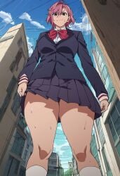 ai_generated big_breasts civitai clothed_female dandadan dumptruck_ass dumptruck_butt earings giantess hips_wider_than_shoulders huge_breasts outdoors pink_hair school_uniform schoolgirl shiratori_aira_(dandadan) shoes slim_waist solo_female standing summer taller_female thick_thighs thighhighs thunderthighs wet