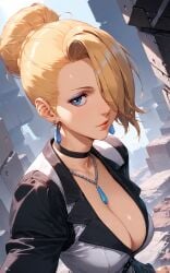 1girls ai_generated big_breasts blonde_hair blue_eyes building busty clothed collar curvaceous dress earrings female hair_bun king_of_fighters light-skinned_female light_skin long_hair mature_(kof) natural_breasts one_eye_covered one_eye_obstructed pale-skinned_female pale_skin soft_breasts voluptuous voluptuous_female white_skin