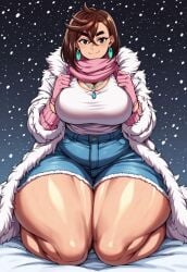 ai_generated ayase_momo brown_hair civitai dandadan earrings gloves hotpants hourglass_figure huge_breasts jacket jeans necklace on outside scarf smiling smirking snow thick_thighs trees