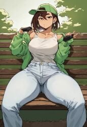 ai_generated anime ayase_momo brown_hair civitai clothed_female confident dandadan earrings fingerless_gloves forest grass grass_field hourglass_figure jacket_open jeans medium_breasts outdoors outside sitting_down smug_face smug_grin thick_thighs