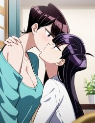 2girls ai_generated big_breasts breasts clothed female female_only incest incest_(lore) kiss kissing komi-san_wa_komyushou_desu komi_shouko komi_shuuko lesbian lesbian_kiss morindar open_eyes shirt white_shirt yuri