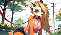 ai_generated all_fours alternate_color alternate_hairstyle anthro blonde_hair green_eyes helluva_boss leash leash_and_collar leash_pull looking_at_viewer loona_(helluva_boss) mahamoan orange_fur outside pink_highlights pink_tank_top white_fur