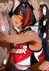 1boy absurd_res ai_generated bay_(nikke) black_hair breasts brown_eyes chiai dark-skinned_female deepthroat fellatio female goddess_of_victory:_nikke grabbing_another's_head hair hands_on_another's_head headband heart highres irrumatio large_breasts long male_pubic_hair motion_lines nipples ponytail red_hair snot_bubble sound_effects sparse_pubic_hair speed_lines spiked_collar steaming_body stray_pubic_hair streaked_hair sweat sweatdrop tan_body tanlines throat_bulge throat_fuck uncensored underboob vacuum_fellatio veiny_balls veiny_testicles