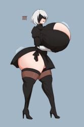 1girls ass blindfold blue_background breasts breasts_bigger_than_head cherrycreampuffs clothing female female_only huge_ass huge_breasts hyper hyper_ass hyper_breasts light-skinned_female light_skin nier nier:_automata short_hair solo thick thick_thighs thighhighs white_hair yorha_2b