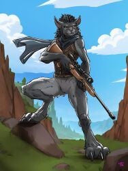 anthro armed blizzard_entertainment bottomless bottomless_female canid claws cloak clothed clothing detailed_background female fur grey_body grey_fur gun hi_res mammal np4tch outside ranged_weapon red_eyes rifle solo standing warcraft weapon werecanid werecreature worgen