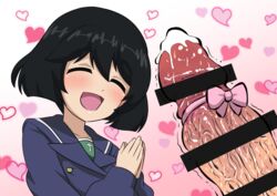 1boy black_hair blush censor_bar closed_eyes cum eeshin_(eishin5584) faceless_male female girls_und_panzer penis smile utsugi_yuuki