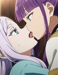 2girls ai_generated clothed elf elf_female female female_only fern_(sousou_no_frieren) frieren human kissing kissing lesbian_kiss morindar open_eyes purple_hair silver_hair sousou_no_frieren tongue tongue_out yuri yuri