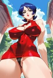 2d ai_generated big_breasts blue_hair dr._marilyn_willow female female_focus female_only marine_a_go-go outdoors panties red_dress short_dress short_hair solo solo_female solo_focus tagme